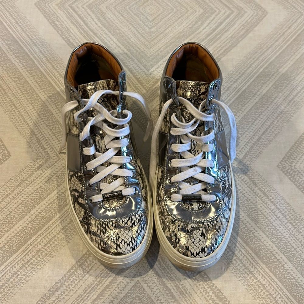 Jimmy Choo Bells Snakeskin High Top Sneakers Silver Natural Size 38